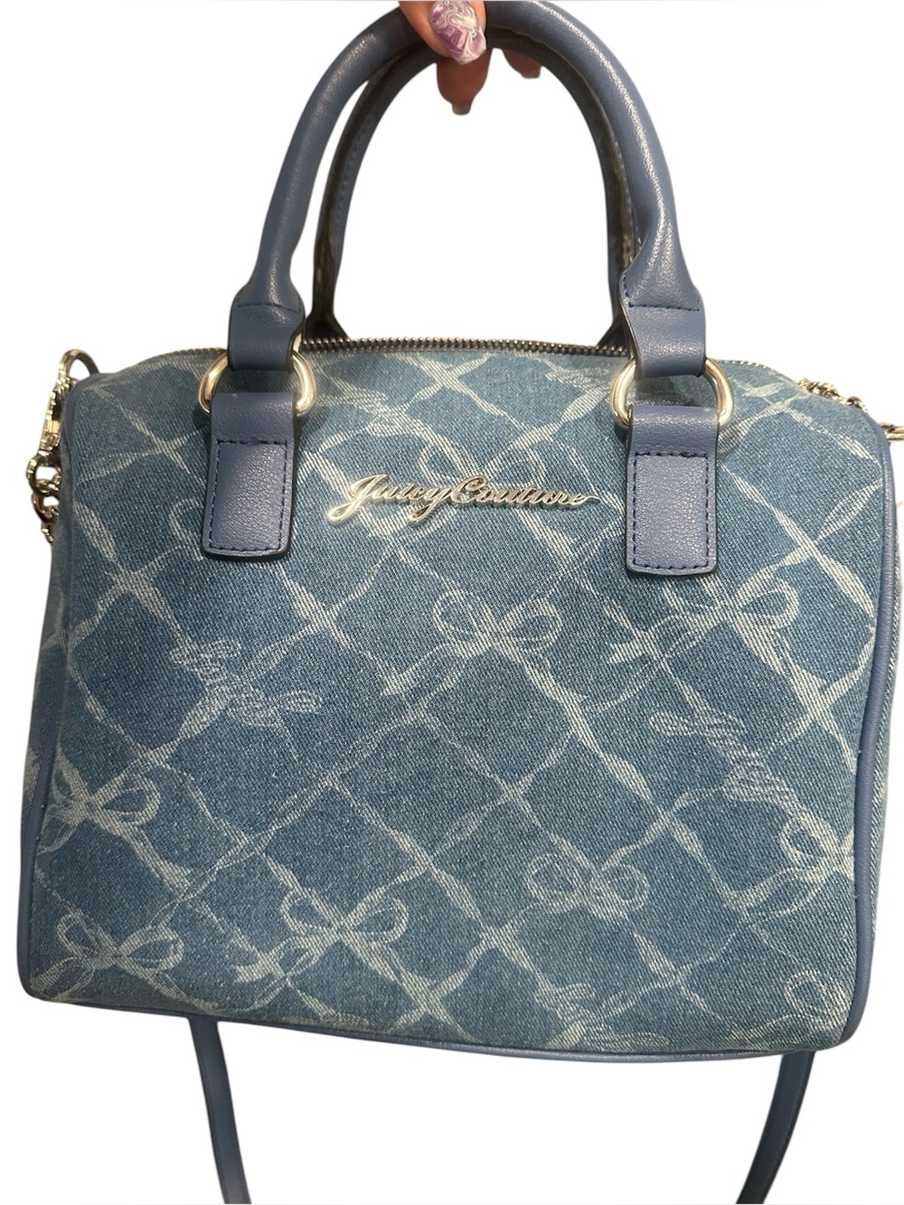 Juicy Couture Blue Denim Bow-Print Crossbody Satchel